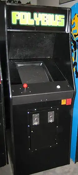 black arcade cabinet with a joystick, one button, and "Polybius" marquee