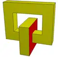 Toroid (genus 1) with two 1-holed-faces. V=32, E=48, F=18, H=2. 2-connected