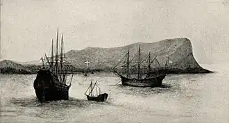 Book illustration of two sailing ships and a small boat in a harbor