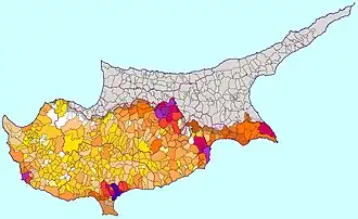 Population map of Southern Cyprus, with number of resident per district, expressed by color gradient.