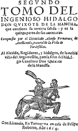 A page titled 'SEGVNDO / TOMO DEL / INGENIOSO HIDALGO / DON QVIXOTE DE LA MANCHA...' illustrated with a mounted knight charging.