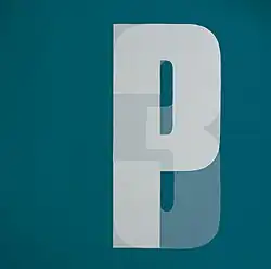 A dark turquoise background with "P" and "3" overlaid on top of one another in lighter white.