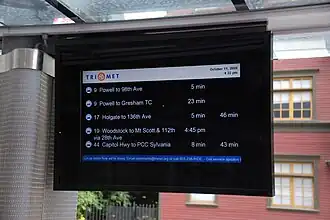 Electronic information displays inform passengers of what buses stop at that bus stop, when they are due to arrive and if buses are running late.