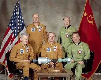 Apollo–Soyuz Test Project (ASTP, 1975), first docking between the two competitor states, testing shared docking systems enabling future cooperation programs away from the competition.[48]