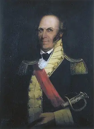 Portrait depicts a balding man with sideburns in a dark blue uniform with gold epaulettes and buff facings.