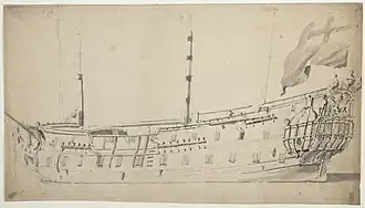 Rendition of HMS Newcastle by Willem van de Velde, 1676