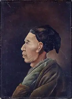 Profile portrait of a man wearing layered garments and a dark head covering against a muted background