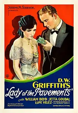 Theatrical poster showing a man and woman in formal attire looking pensive