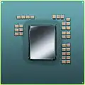 The 65&nbsp;nm high-performance PowerXCell 8i with extra capacitors on top due to decoupling needed for noise introduced by the DDR2 interface