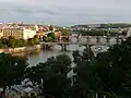 Famous postcard view towards bridges in Downtown Prague