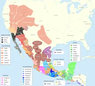 The approximate pre-contact distribution of native language families, with their presence in present-day Mexico and elsewhere