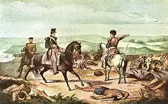 Coloured engraving depicting 3 uniformed men on horseback on a hilltop with dead bodies strewn about and one uniformed man pointing to the valley below in which half-naked warriors are fleeing before a line of uniformed and mounted troops