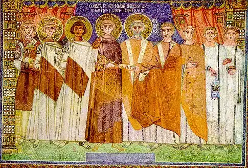 At the basilica of Sant'Apollinare in Classe in Ravenna, the Heraclian Emperor Constantine IV Pogonatus wears a chlamys similar to that of Justinian I, the namesake of his son and successor.