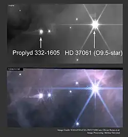 A proplyd being ionized by HD 37061 (image with JWST).