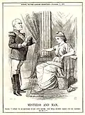 Press drawing showing a man in military uniform, looking submissive and holding his bicorne, standing before a seated woman wearing a toga and Phrygian cap.
