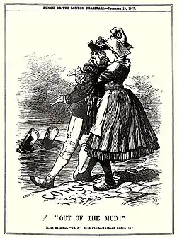 Press drawing showing a man in military uniform pulled out of the mud by a woman wearing a Phrygian cap.
