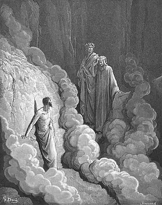 A black and white illustration of Dante and Virgil's conversation with Marco Lombardo