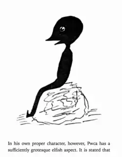 A simple black and white sketch of a vaguely humanoid creature sitting on a rock