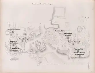 Map on light brown paper showing the location of ancient tombs in desert hills