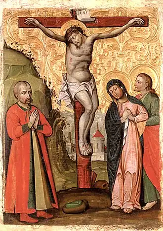Crucifixion of Jesus on a 1699 Ukrainian Baroque icon from Pyriatyn, with a portrait of Lubny colonel Leontiy Svichka on the left