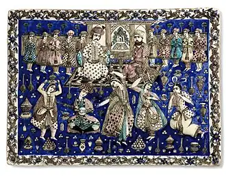 Pottery scene depicting two seated princely figures, surrounded by courtiers, musicians, and dancing girls, 19th-century