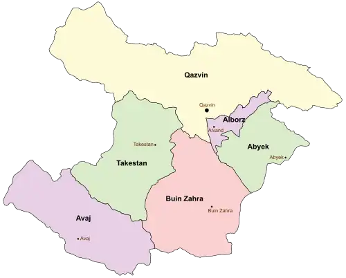 Location of Avaj County in&nbsp;Qazvin&nbsp;province (left, purple)