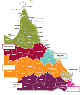 Regions of Queensland with South East Queensland in the bottom right hand corner of the state