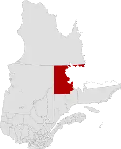 A map of Ontario with the Caniapiscu Regional County Municipality colored in red.
