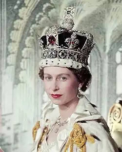 Elizabeth II wearing the Imperial State Crown, which was reduced in height for her coronation in 1953