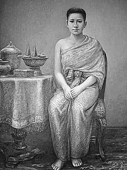 Queen Somanass Waddhanawathy, a first queen of King Mongkut (Rama IV) wearing pha nung and pha biang