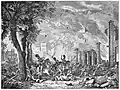 A chaotic scene of a riot in which buildings burn in the background while people are attacked by mounted soldiers with swords
