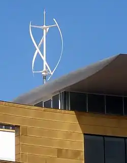 Image 27A small Quietrevolution QR5 Gorlov-type vertical-axis wind turbine in Bristol, England. Measuring 3 m in diameter and 5 m high, it has a nameplate rating of 6.5 kW to the grid. (from Wind turbine)