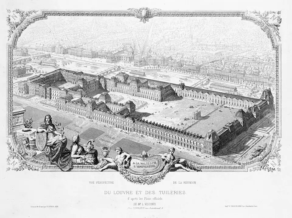 Engraving dedicated "to His Majesty the Emperor" showcasing Visconti's design, by Rudolf Pfnor (1853)