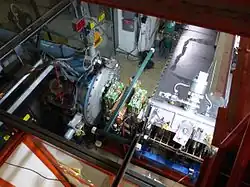 Beam direction right to left: RFQ (silver), MEBT (green), first drift tube linac (blue)[40]