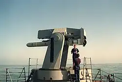 A Harpoon Missile on the rail of a Mark 13 aboard USS&nbsp;Goldsborough
