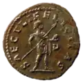 A Roman coin showing an antoninianus of Carinus holding pilum and globe