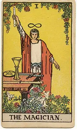 Tarot card showing a magician with wand, table, and ritual implements