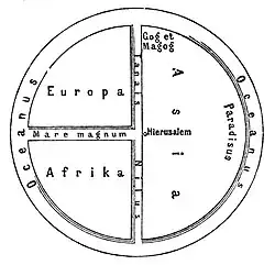 Ideal reconstruction of medieval T-and-O maps (from Meyers Konversationslexikon, 1890) (Asia shown on the right)