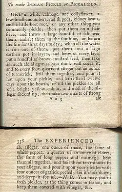 Elizabeth Raffald's recipe for "Indian pickle or Piccalillo", 1775