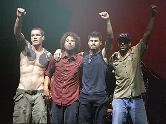 Rage Against the Machine at Sam Boyd Stadium in 2007. From left: Tim Commerford, Zack de&nbsp;la&nbsp;Rocha, Brad Wilk, and Tom Morello