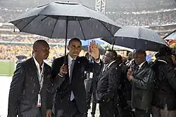 Barack Obama at the FNB Stadium in 2013 attending Nelson Mandela's memorial service