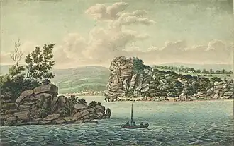 Landscape illustration of rocky headlands and wooded hills beside a wide body of water, with a small boat carrying three people in the foreground.