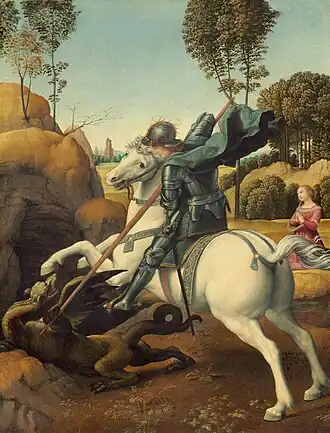 Saint George in a suit of armor, with a tunic (German: Waffenrock) and lance