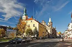 Town center with the town hall in the foreground and Saint Joseph church in the background
