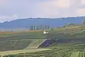 View from the der Großen Hub near Eltville am Rhein über die Bubenhäuser Höhe hinweg (mit dem Tempelchen) nordwestwärts zu den bewaldeten Dreibornsköpfen