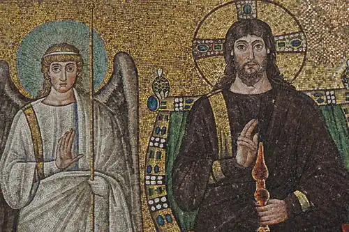 The enthroned Christ with four vanguard angels