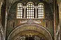 Jerusalem and Bethlehem on the left and right of two angels holding a star with an Alpha in its center (wall above the apse)