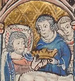 14th-century illustrations of a man in bed and a coronation