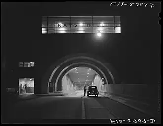 Night photo of Rays Hill Tunnel on Pennsylvania Turnpike by Rothstein in 1942