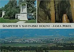 1969 postcard of Šempeter v Savinjski Dolini. Clockwise from top: Roman necropolis in Šempeter, Hell Cave (in Zalog pri Šempetru), panoramic view of Šempeter